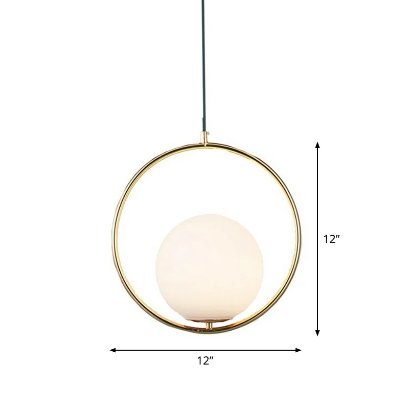 Lampe suspendue sphérique en verre blanc, suspension post-moderne à 1 tête avec anneau en métal en laiton Clearhalo
