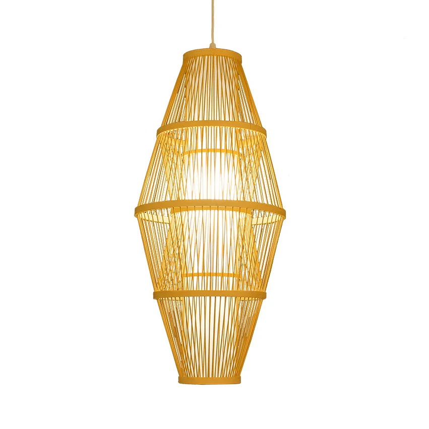 Lampe suspendue 1 tête pour salle à manger avec abat-jour en bambou tressé, luminaire suspendu beige de style moderne Clea...