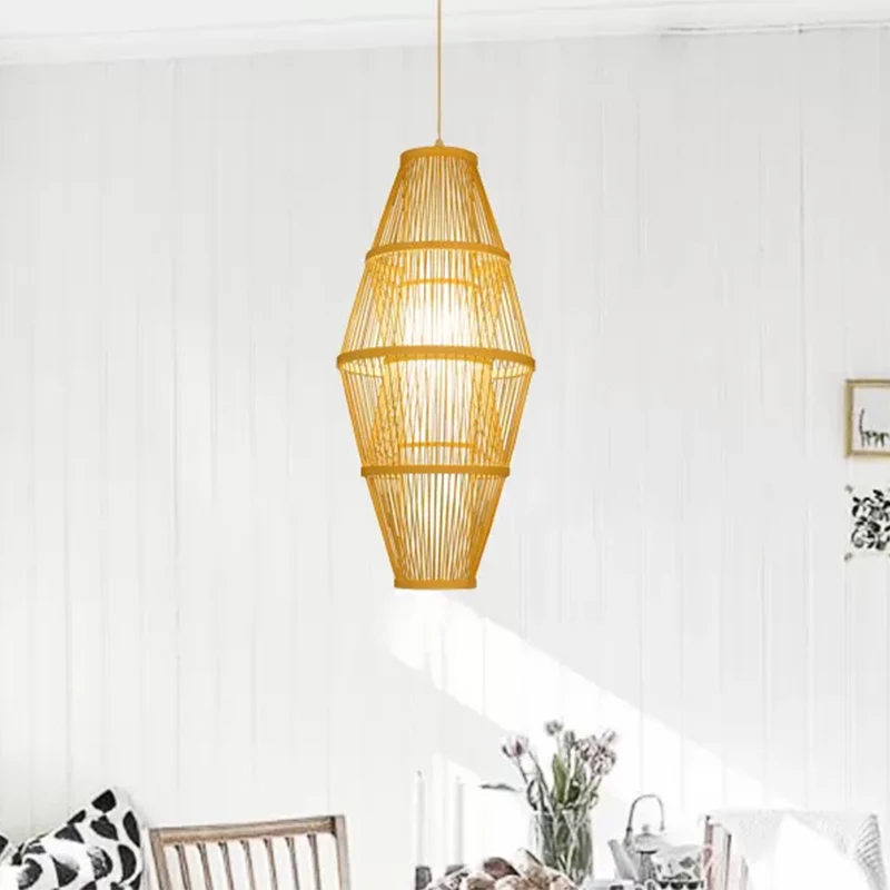 Lampe suspendue 1 tête pour salle à manger avec abat-jour en bambou tressé, luminaire suspendu beige de style moderne Clea...