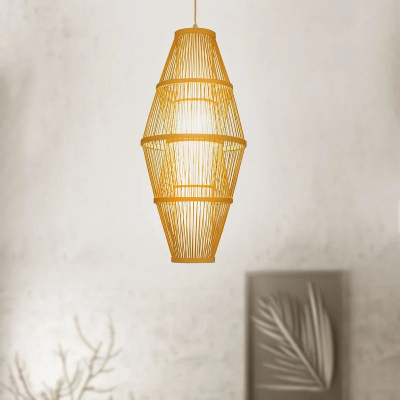 Lampe suspendue 1 tête pour salle à manger avec abat-jour en bambou tressé, luminaire suspendu beige de style moderne Clea...