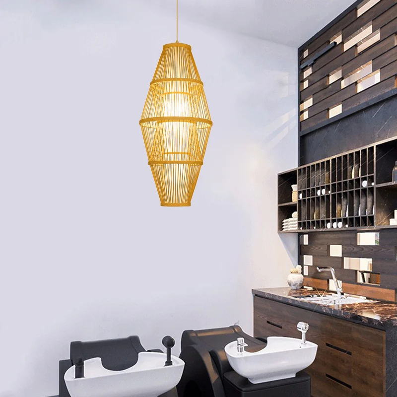 Lampe suspendue 1 tête pour salle à manger avec abat-jour en bambou tressé, luminaire suspendu beige de style moderne Clea...