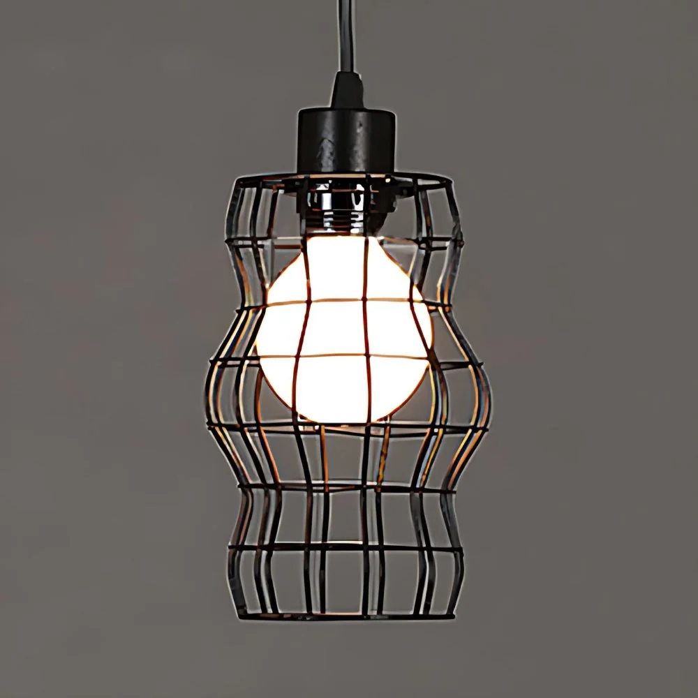 Lampe suspendue à 1 tête, Style Vintage, cloche/cylindre/ondulé, luminaire suspendu en métal avec cadre métallique en noir...