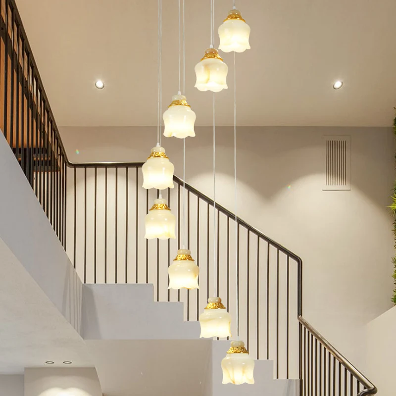 Lampe suspendue en verre blanc à grappes florales, modernisme, 8 lumières, lampe suspendue pour escalier, dorée Clearhalo