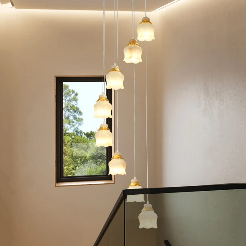 Lampe suspendue en verre blanc à grappes florales, modernisme, 8 lumières, lampe suspendue pour escalier, dorée Clearhalo