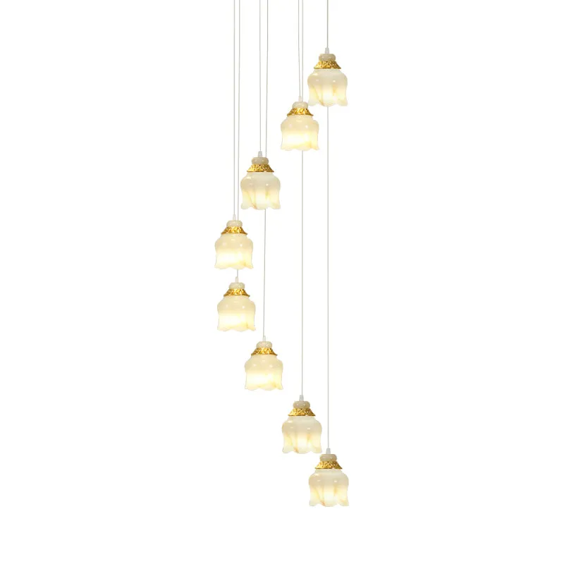 Lampe suspendue en verre blanc à grappes florales, modernisme, 8 lumières, lampe suspendue pour escalier, dorée Clearhalo