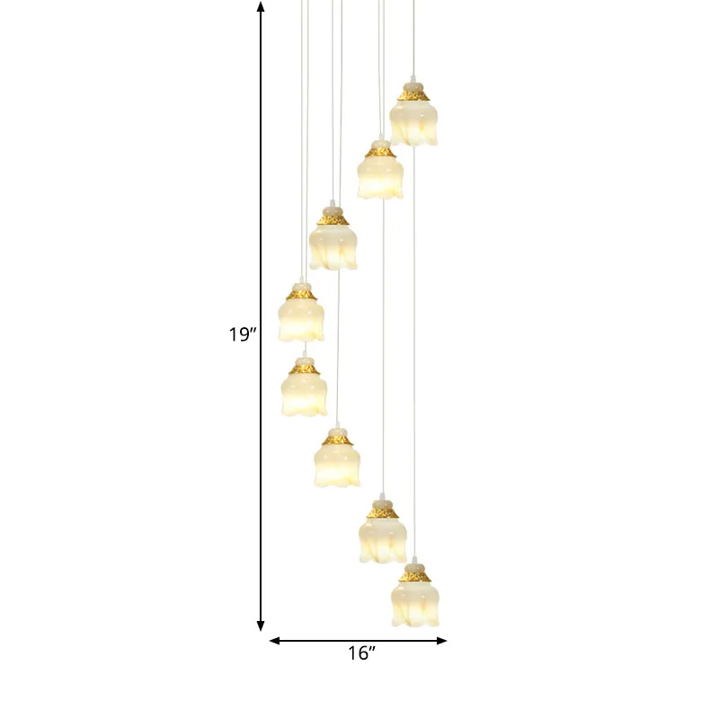 Lampe suspendue en verre blanc à grappes florales, modernisme, 8 lumières, lampe suspendue pour escalier, dorée Clearhalo