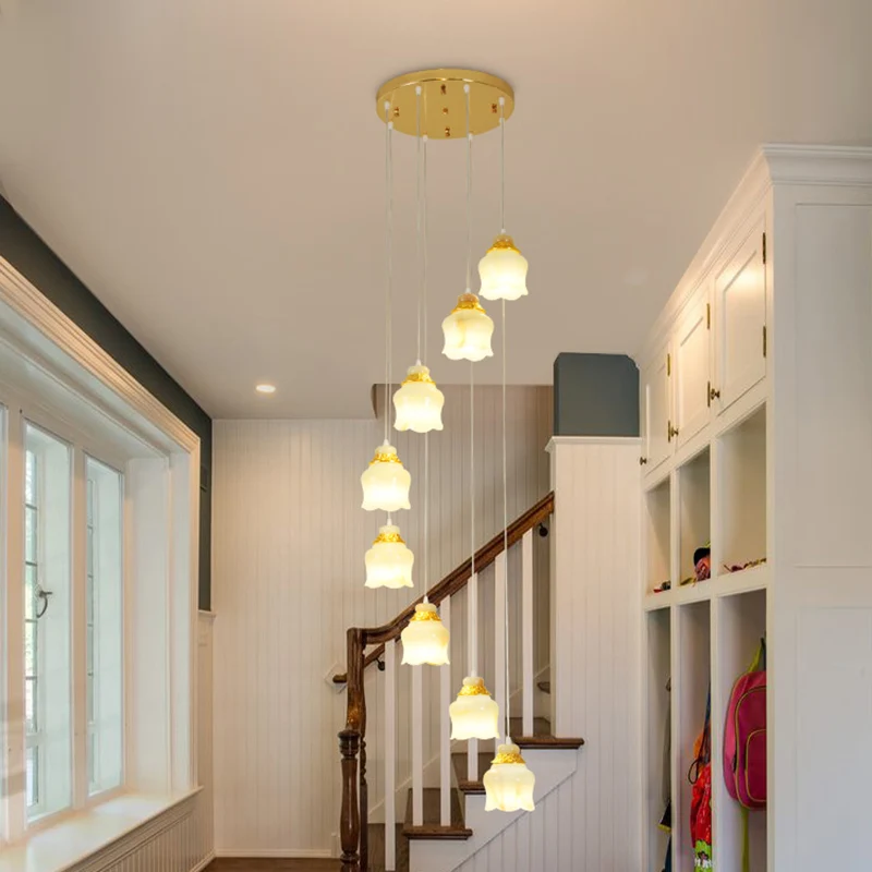Lampe suspendue en verre blanc à grappes florales, modernisme, 8 lumières, lampe suspendue pour escalier, dorée Clearhalo