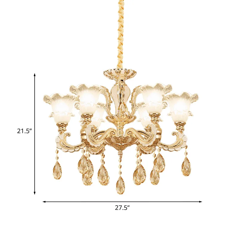 Lampe suspendue en verre givré doré à volants, lustre traditionnel à 6 têtes pour salle à manger Clearhalo
