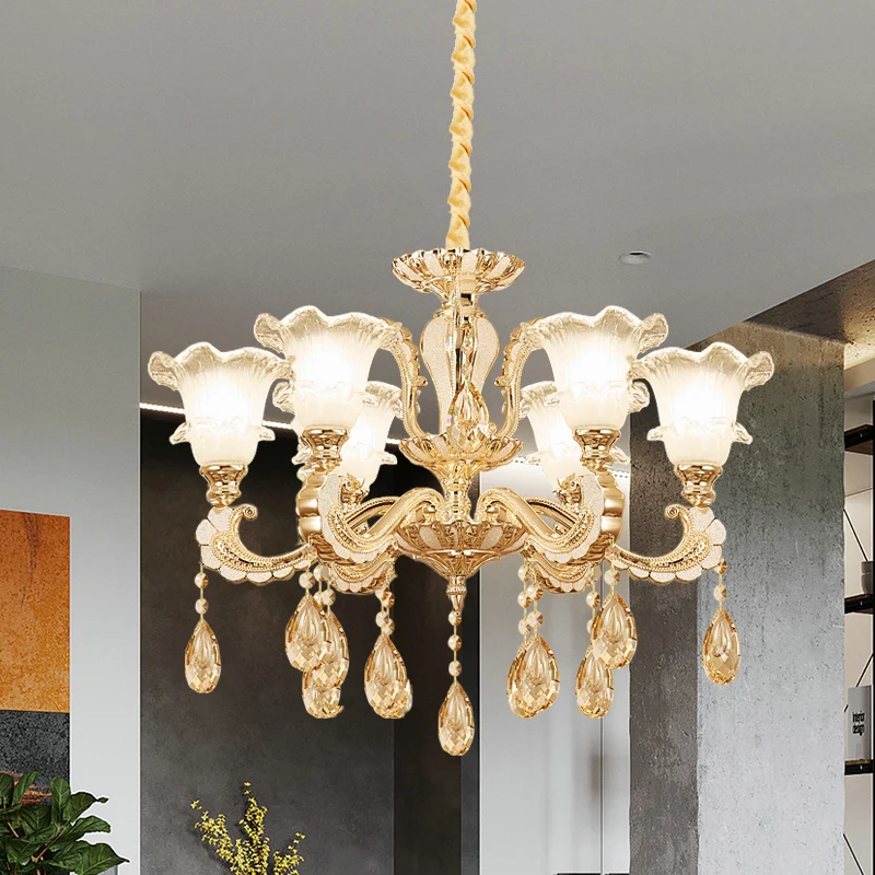 Lampe suspendue en verre givré doré à volants, lustre traditionnel à 6 têtes pour salle à manger Clearhalo