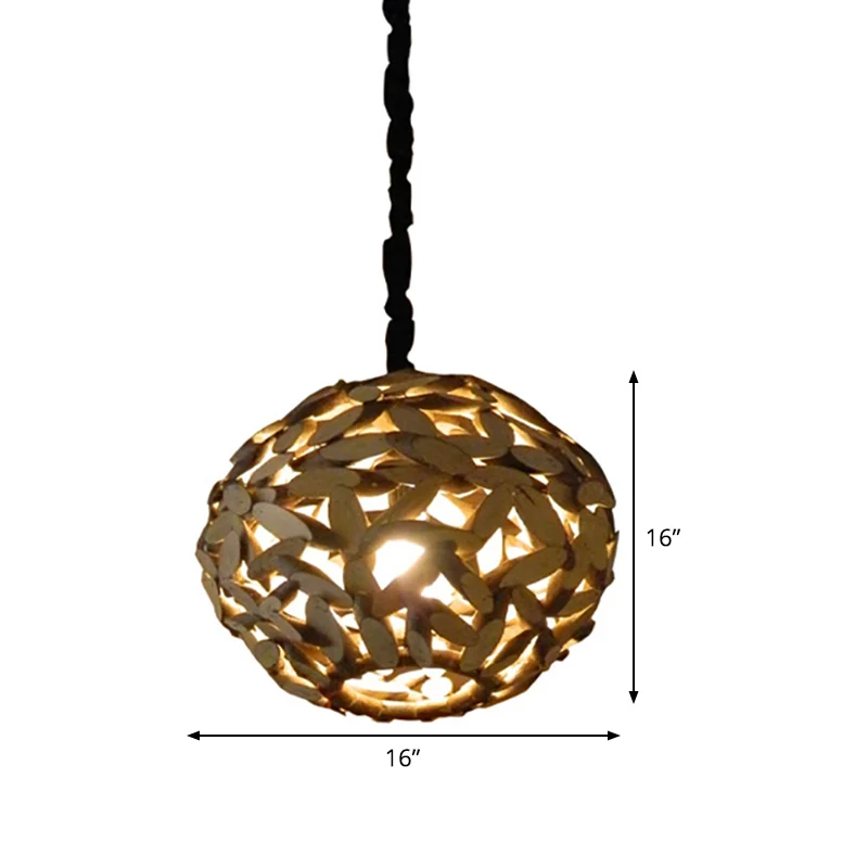 Lampe à suspension en bois sphère japonaise, luminaire suspendu marron à 1 tête pour chambre à coucher Clearhalo
