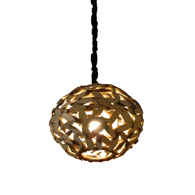 Lampe à suspension en bois sphère japonaise, luminaire suspendu marron à 1 tête pour chambre à coucher Clearhalo