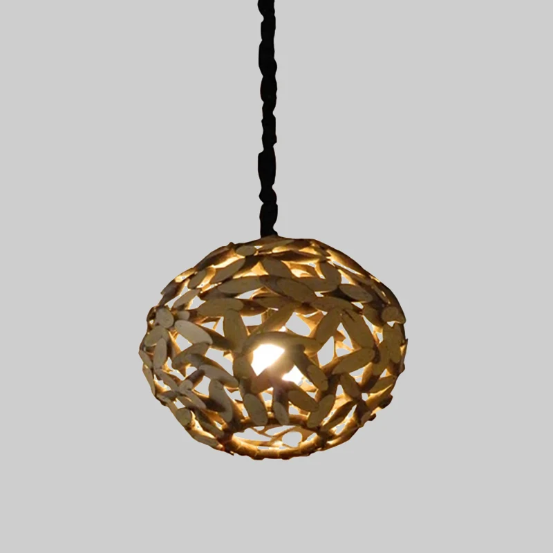 Lampe à suspension en bois sphère japonaise, luminaire suspendu marron à 1 tête pour chambre à coucher Clearhalo