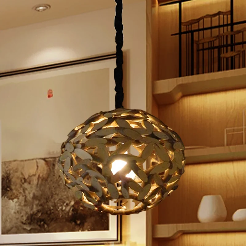 Lampe à suspension en bois sphère japonaise, luminaire suspendu marron à 1 tête pour chambre à coucher Clearhalo