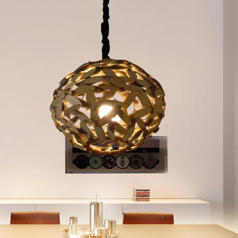 Lampe à suspension en bois sphère japonaise, luminaire suspendu marron à 1 tête pour chambre à coucher Clearhalo