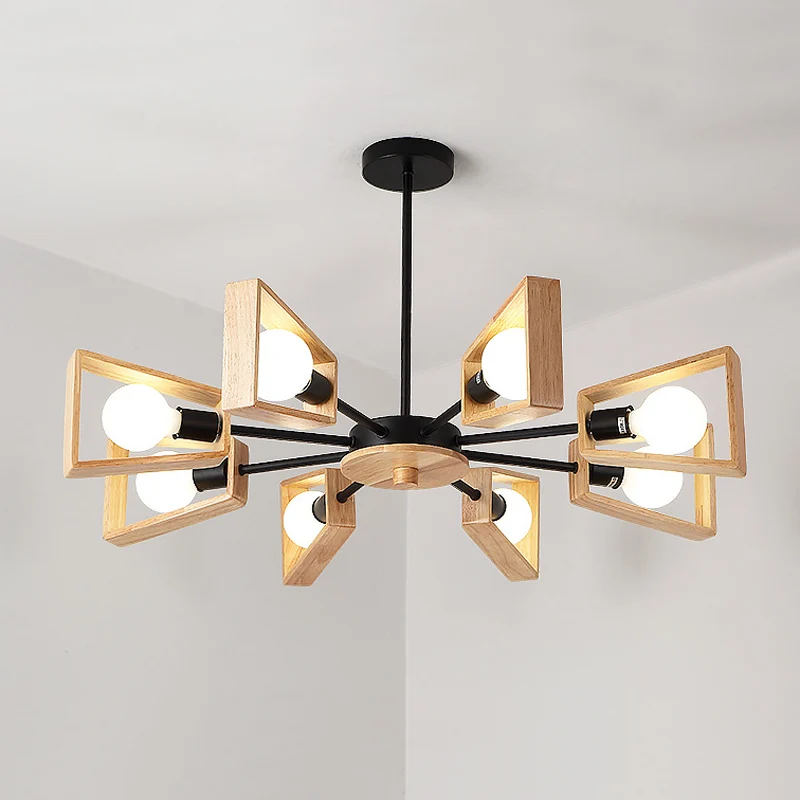 Lampe à suspension à cadre trapézoïdal en bois, lustre de plafond noir moderniste à 8 têtes au design radial Clearhalo