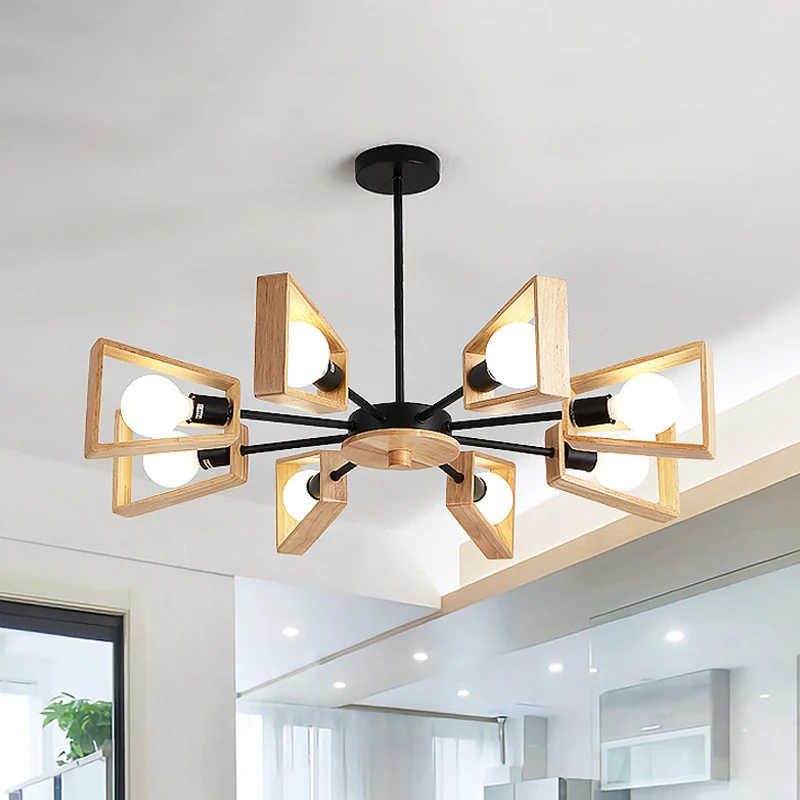 Lampe à suspension à cadre trapézoïdal en bois, lustre de plafond noir moderniste à 8 têtes au design radial Clearhalo
