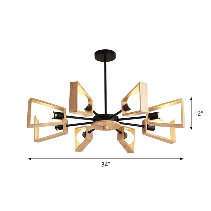 Lampe à suspension à cadre trapézoïdal en bois, lustre de plafond noir moderniste à 8 têtes au design radial Clearhalo