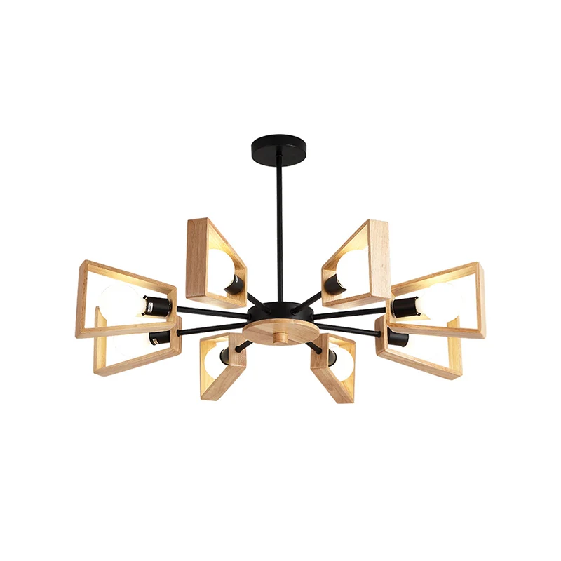 Lampe à suspension à cadre trapézoïdal en bois, lustre de plafond noir moderniste à 8 têtes au design radial Clearhalo