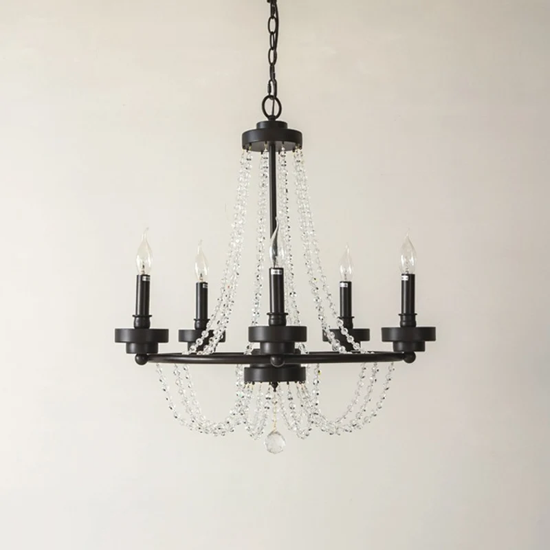 Lampe à suspension chandelier métallique rétro lustre suspendu à 5 lumières pour restaurant en noir avec brin de cristal C...