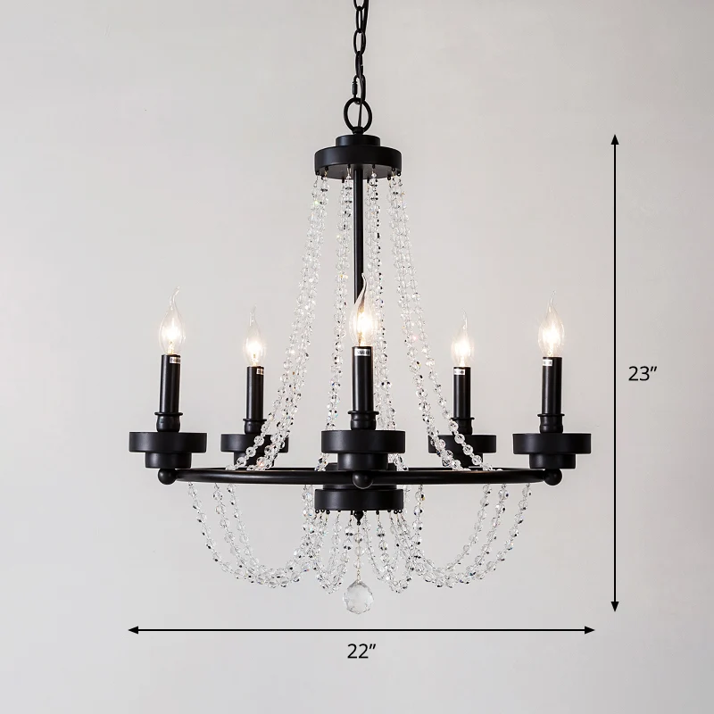 Lampe à suspension chandelier métallique rétro lustre suspendu à 5 lumières pour restaurant en noir avec brin de cristal C...