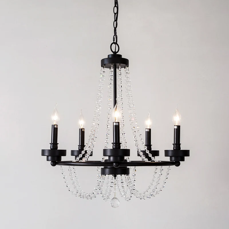 Lampe à suspension chandelier métallique rétro lustre suspendu à 5 lumières pour restaurant en noir avec brin de cristal C...