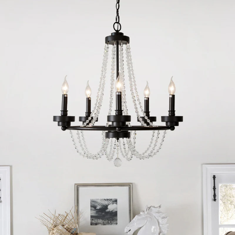 Lampe à suspension chandelier métallique rétro lustre suspendu à 5 lumières pour restaurant en noir avec brin de cristal C...