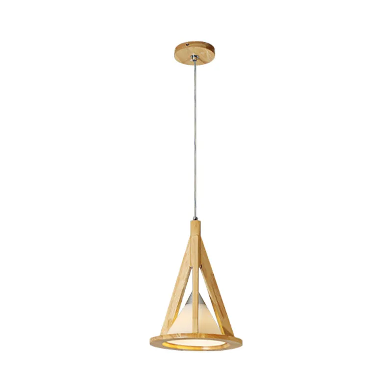 Lampe à suspension conique moderne en bois et verre dépoli en beige pour café Clearhalo