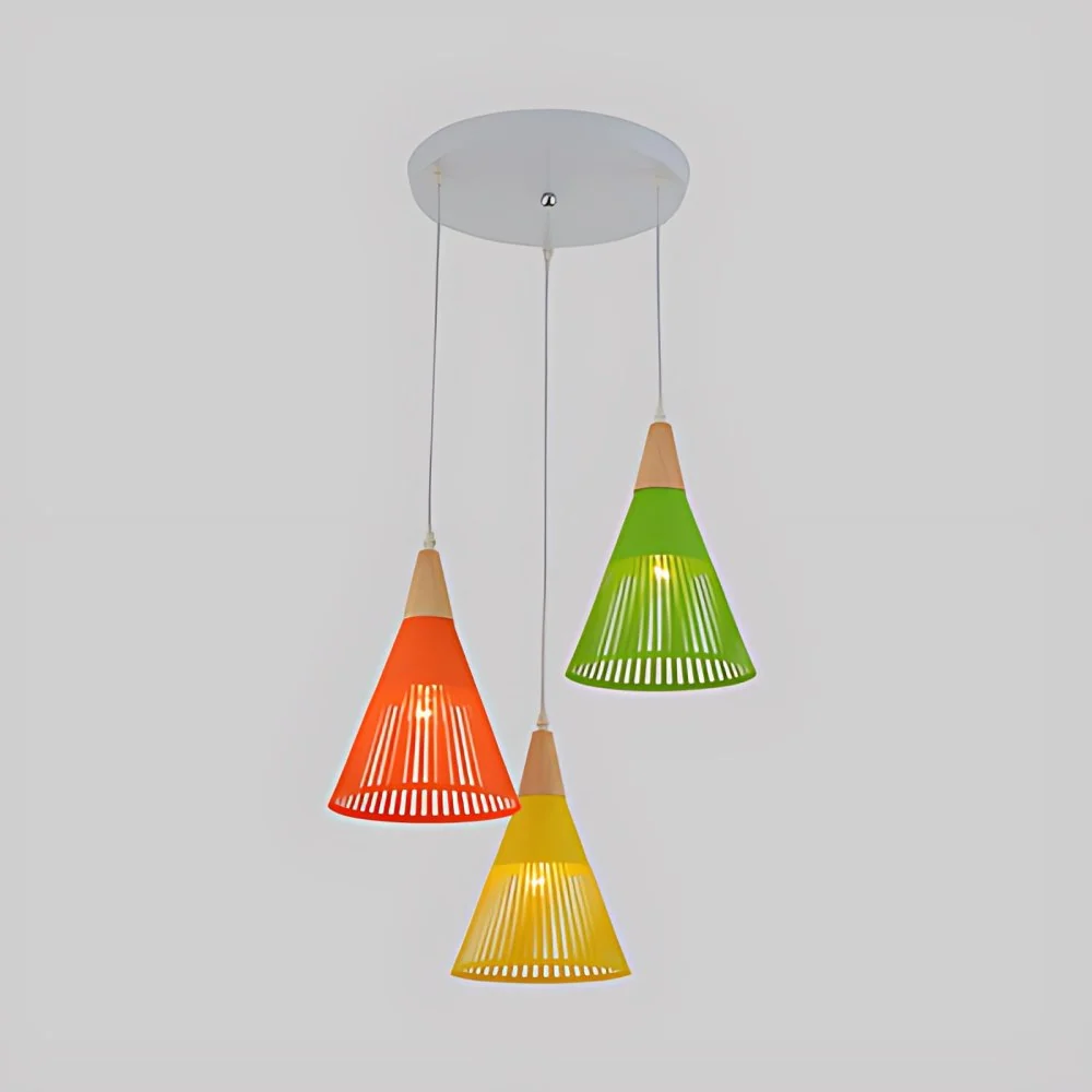 Lampe à suspension conique de style vintage, plafonnier à 3 têtes en métal avec abat-jour cage et auvent rond en blanc Cle...