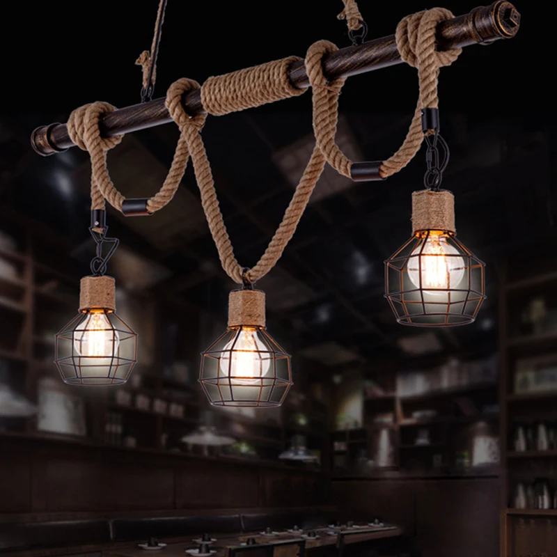 Lampe à suspension en corde de chanvre, Style industriel, Beige, linéaire, pour Restaurant, éclairage sur île Clearhalo