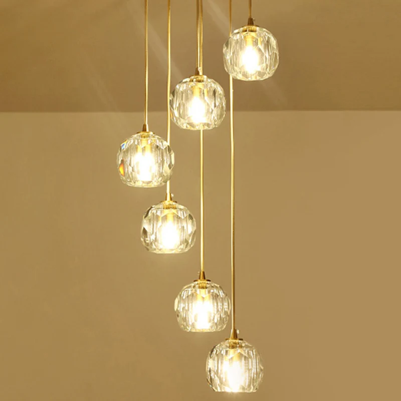 Lampe à suspension en cristal K9 biseautée boule, simplicité, finition en laiton, plafonnier multiple Clearhalo