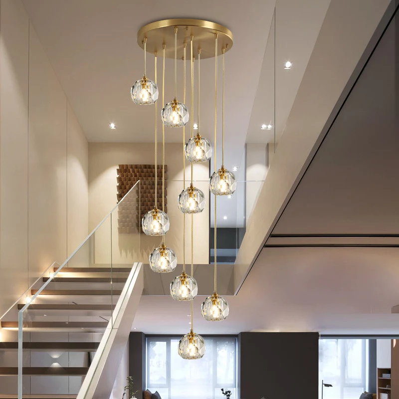 Lampe à suspension en cristal K9 biseautée boule, simplicité, finition en laiton, plafonnier multiple Clearhalo