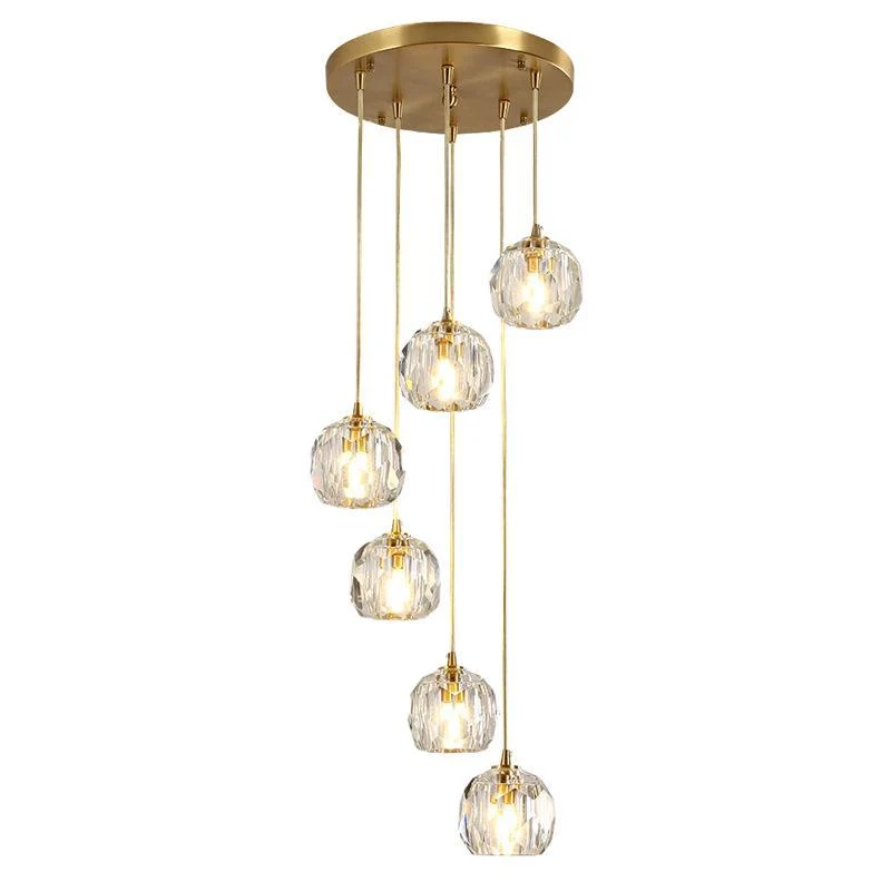 Lampe à suspension en cristal K9 biseautée boule, simplicité, finition en laiton, plafonnier multiple Clearhalo