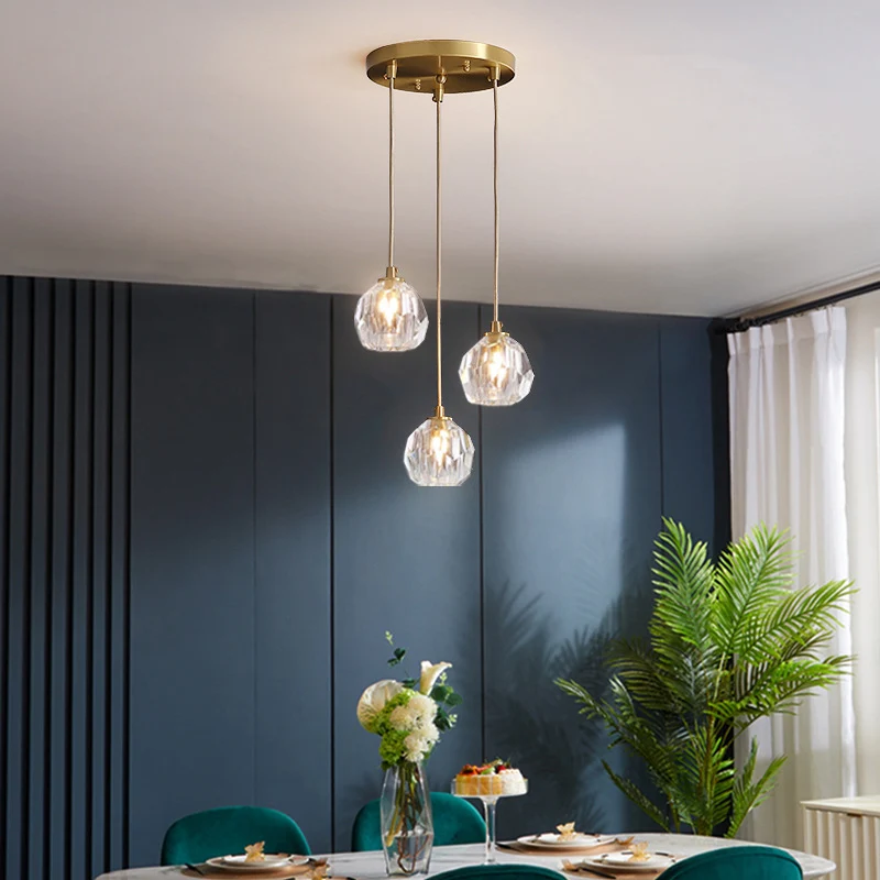 Lampe à suspension en cristal K9 biseautée boule, simplicité, finition en laiton, plafonnier multiple Clearhalo