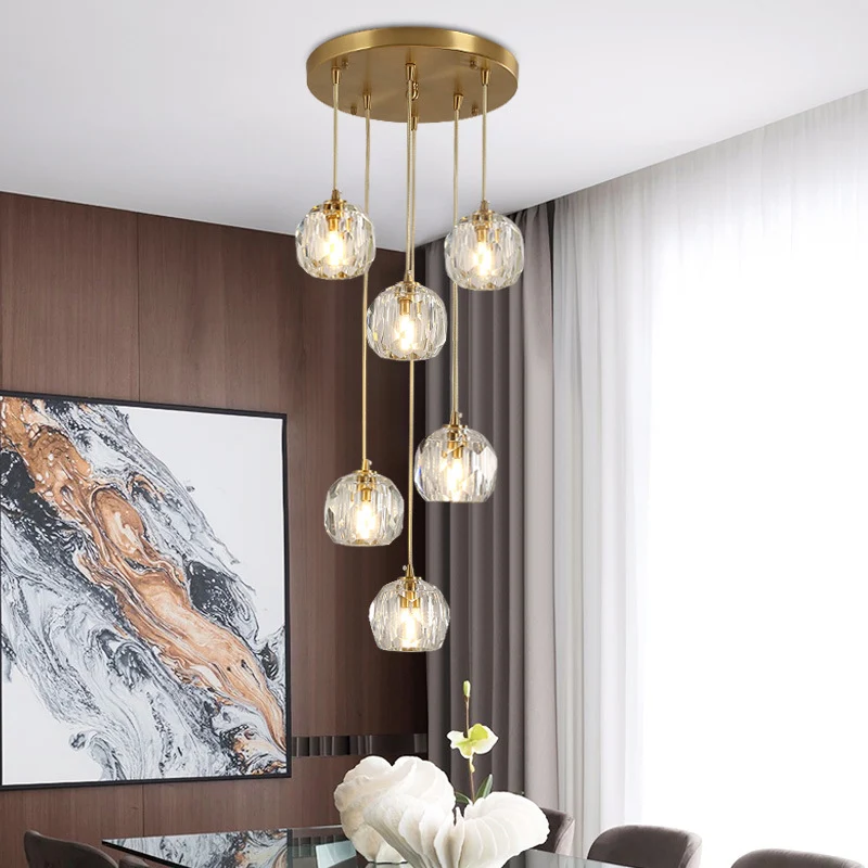 Lampe à suspension en cristal K9 biseautée boule, simplicité, finition en laiton, plafonnier multiple Clearhalo
