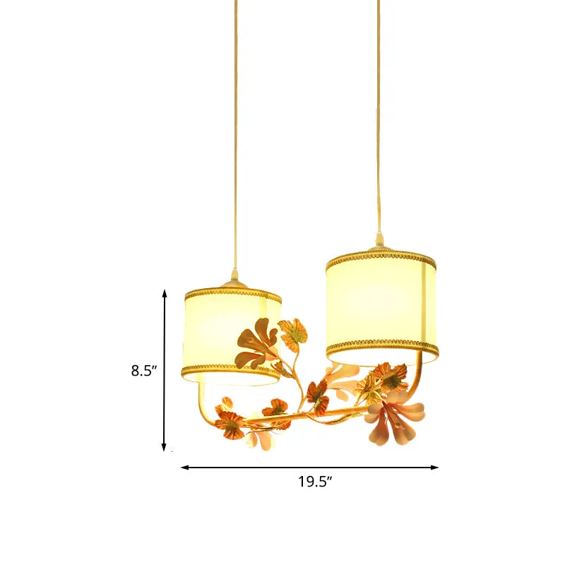 Lampe à suspension cylindrique pastorale multi-ampoules, plafonnier suspendu en tissu blanc avec décor de fleurs Clearhalo