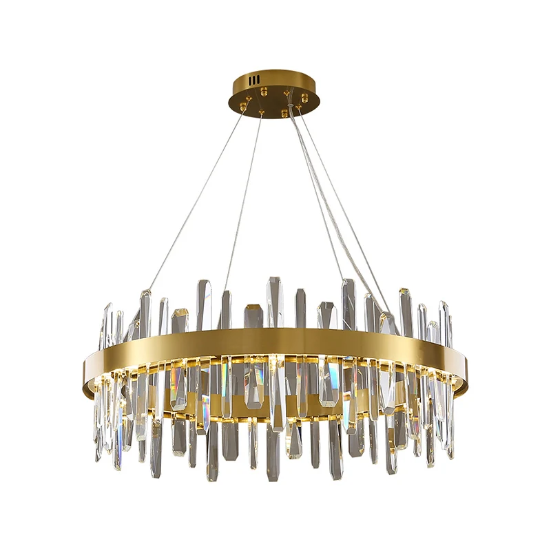Lampe à suspension en forme de boucle en acier inoxydable, lustre LED postmoderne finition dorée avec glaçons en cristal C...
