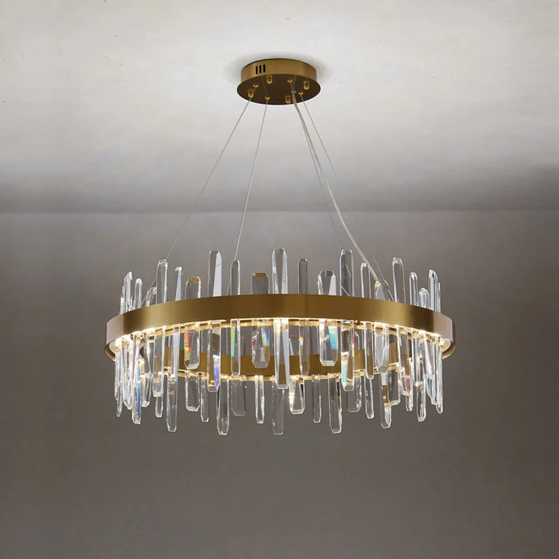 Lampe à suspension en forme de boucle en acier inoxydable, lustre LED postmoderne finition dorée avec glaçons en cristal C...