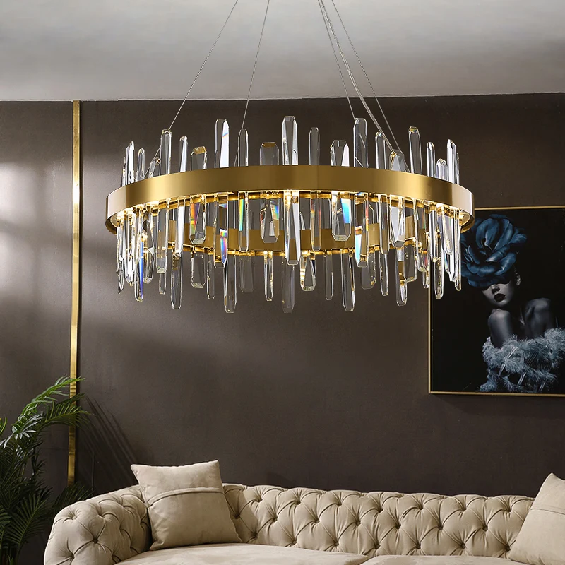 Lampe à suspension en forme de boucle en acier inoxydable, lustre LED postmoderne finition dorée avec glaçons en cristal C...