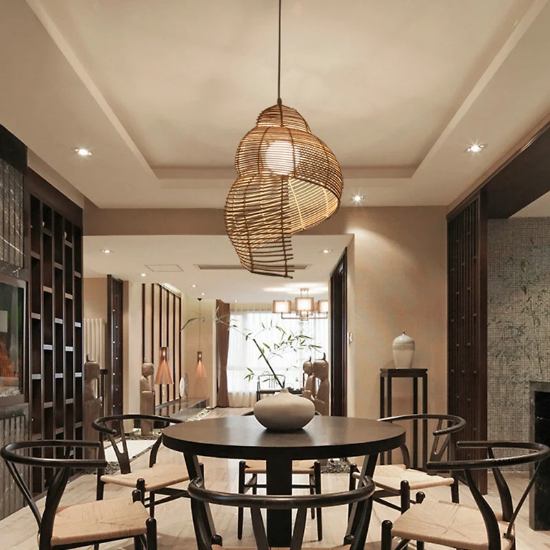 Lampe à suspension en forme de conque en rotin, lampe rustique à tête unique pour restaurant et salle à manger Clearhalo