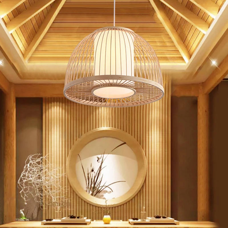 Lampe à suspension en forme de dôme moderniste en bambou, plafonnier d'intérieur à 1 lumière avec abat-jour cylindrique in...