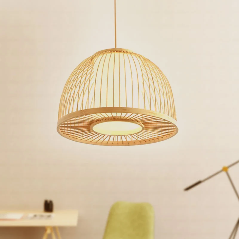 Lampe à suspension en forme de dôme moderniste en bambou, plafonnier d'intérieur à 1 lumière avec abat-jour cylindrique in...
