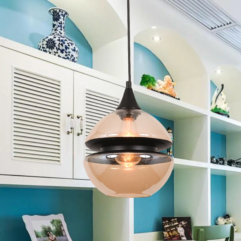 Lampe à suspension en forme de gourde/ellipse/cône marron, luminaire moderne à 1 lumière en verre pour salle à manger Clea...