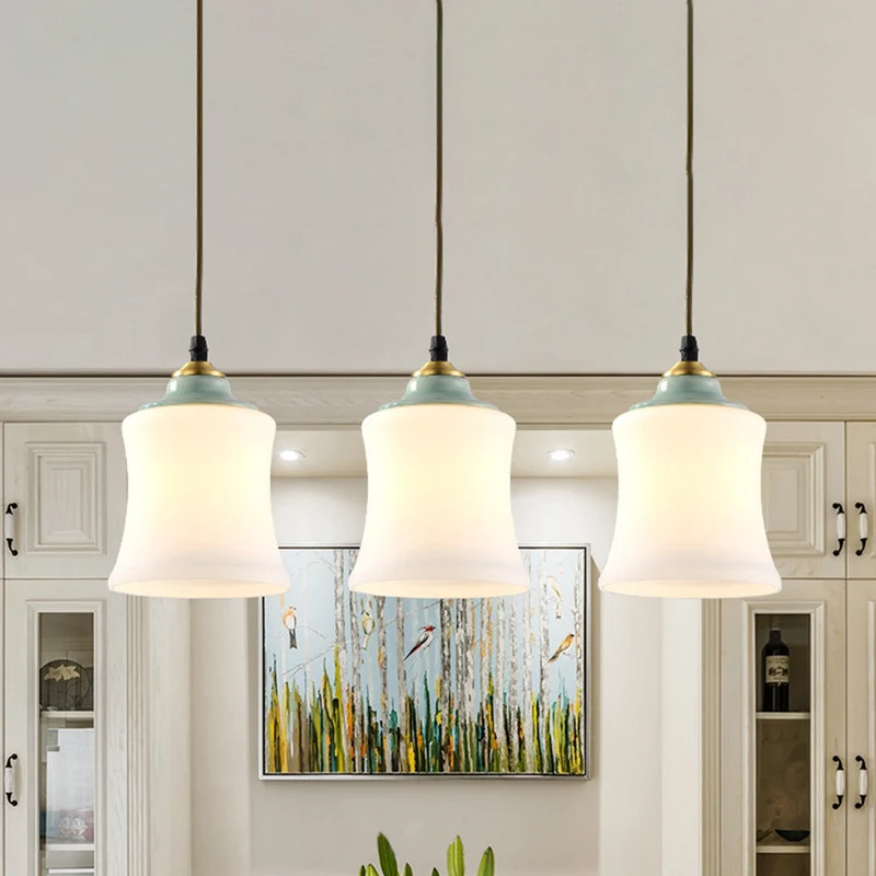 Lampe à Suspension en forme de tulipe/cloche en verre blanc, classique, à 3 têtes, pour salon, plafond avec dessus en céra...