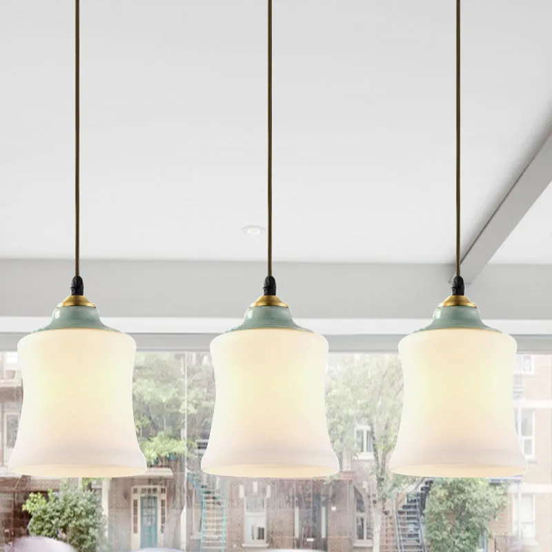 Lampe à Suspension en forme de tulipe/cloche en verre blanc, classique, à 3 têtes, pour salon, plafond avec dessus en céra...