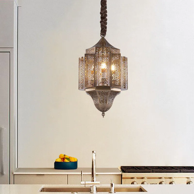 Lampe à Suspension lanterne en laiton, lustre de Restaurant à 3 ampoules en métal arabe Clearhalo