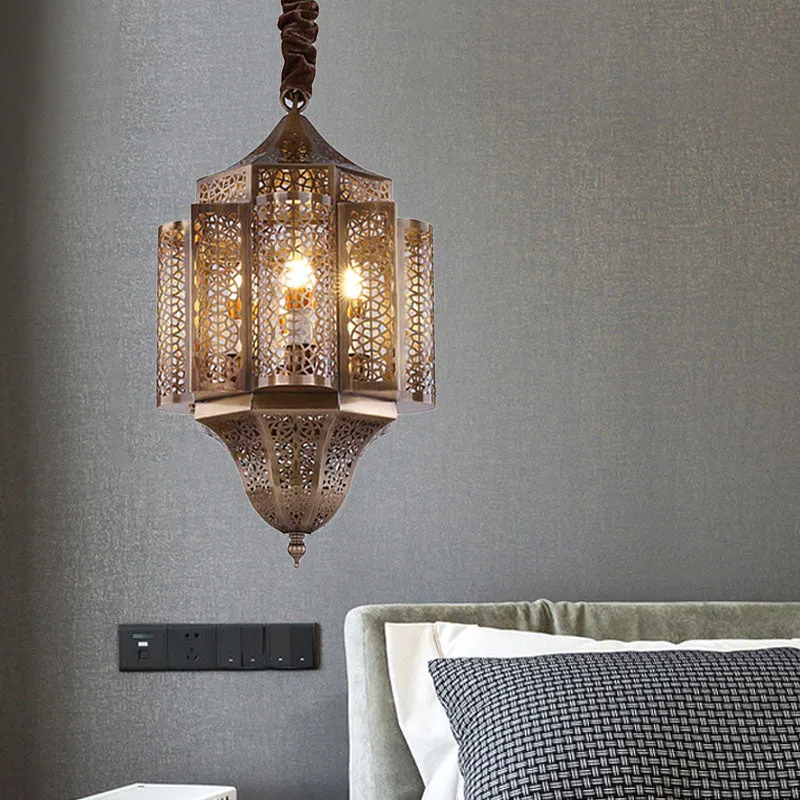 Lampe à Suspension lanterne en laiton, lustre de Restaurant à 3 ampoules en métal arabe Clearhalo