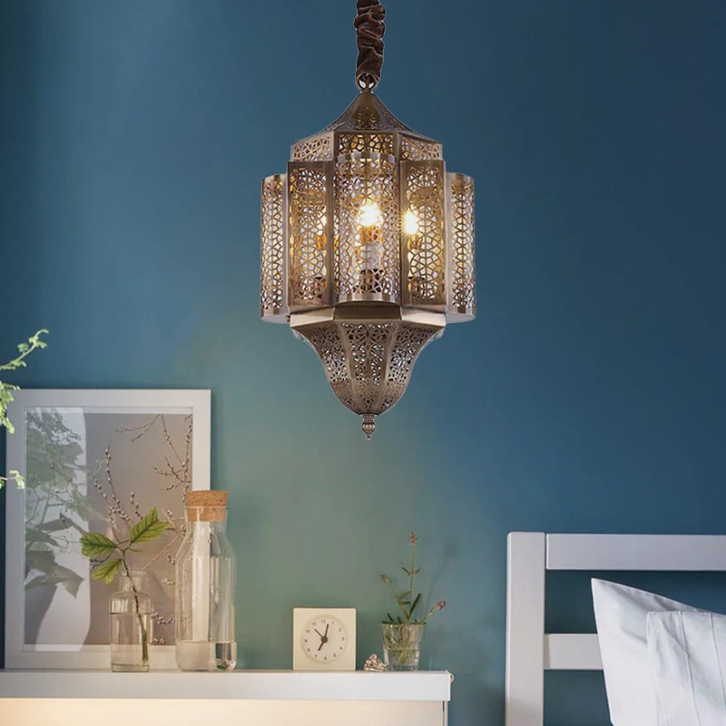 Lampe à Suspension lanterne en laiton, lustre de Restaurant à 3 ampoules en métal arabe Clearhalo