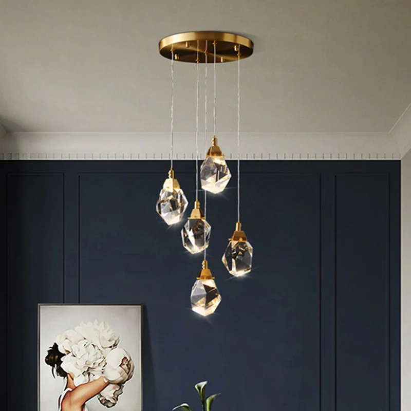 Lampe à suspension LED en forme de pierre précieuse en cristal, luminaire artistique en laiton pour salle à manger Clearhalo