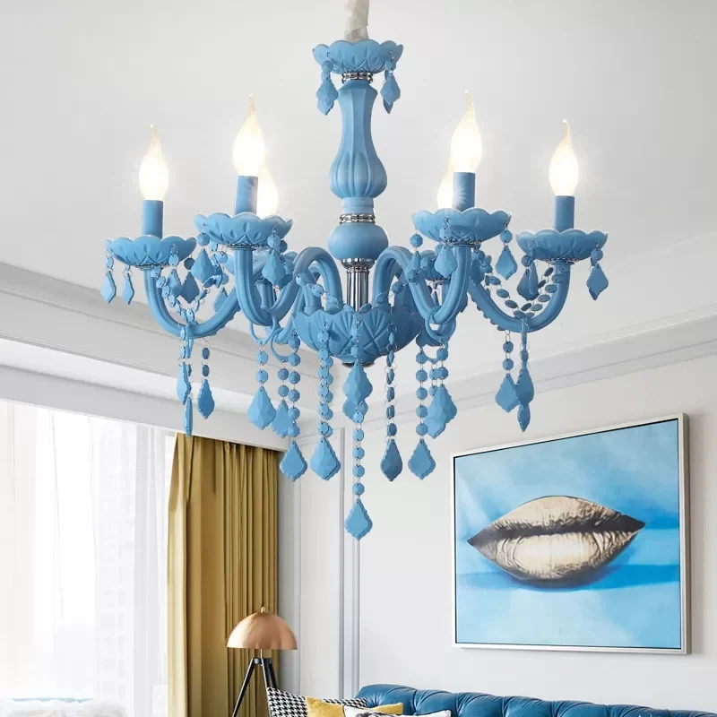 Lampe à suspension élégante Macaron avec bougie décorative en cristal, lustre en métal à 6 lumières pour adolescent Clearhalo
