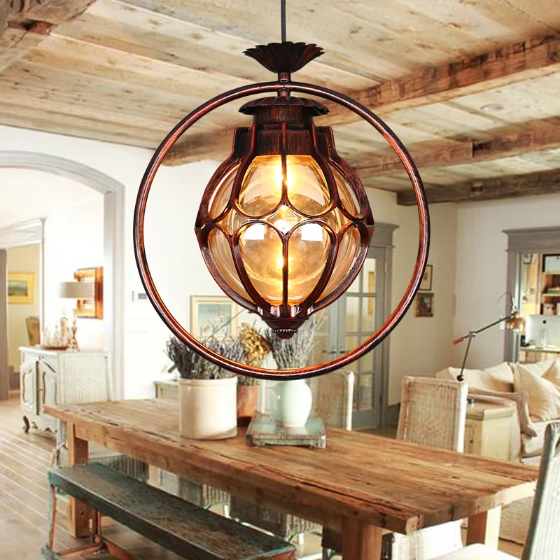Lampe à suspension à 1 lumière, globe rustique en verre ambré, suspension en cuivre avec anneau en fer Clearhalo